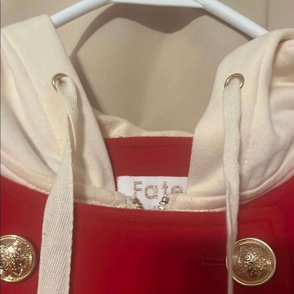 Red Double-Breasted Jacket with Cream Hood - Picture 4 of 6